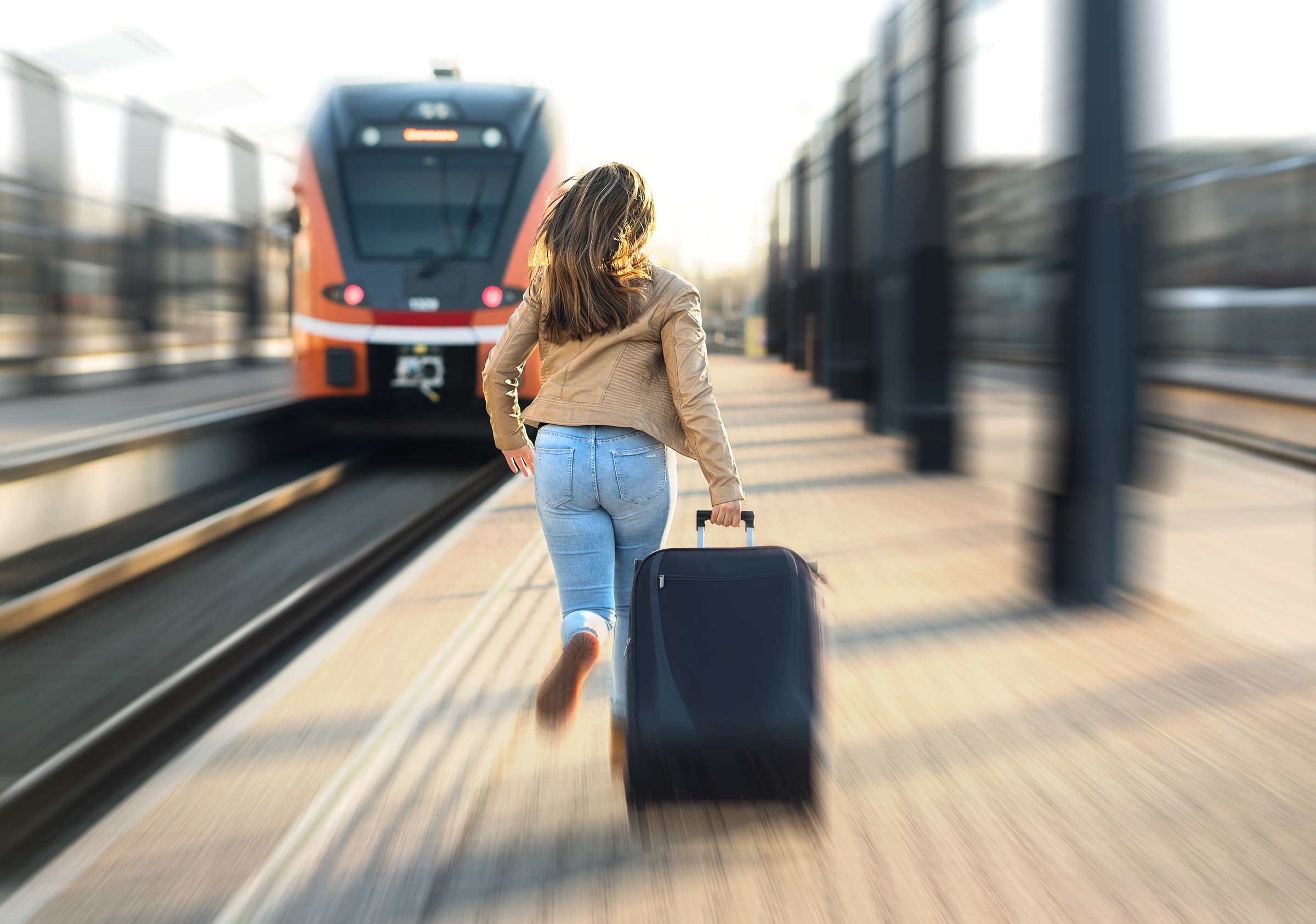 Woman Late From Train Tourist Running And Chasing The Leaving